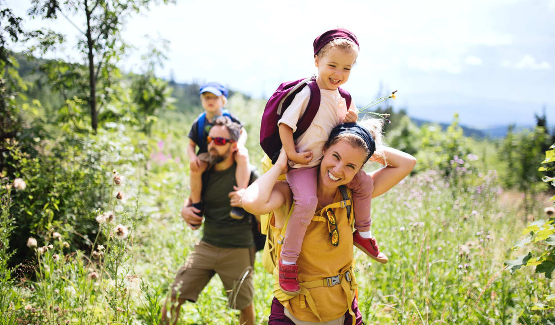 Family hiking a sunny mountain meadow
